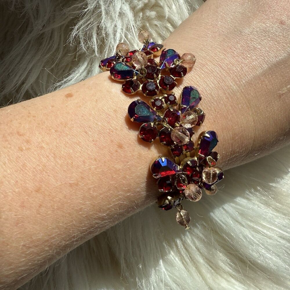 Vintage Kramer Demi-Parure Red Aurora Borealis AB Teardrop Pink Dangle Balls - Picture 15 of 16